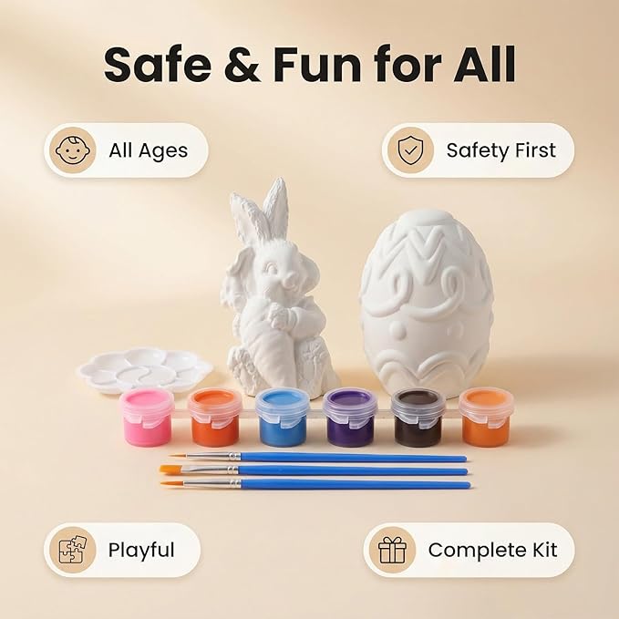 GloomGlo Easter Ceramic Painting Kit - 2PC Bunny Egg Figurines with 6 Colors of Paint, Brushes & Palette, DIY Arts and Crafts Toy for Kids and Adults (2pcs)