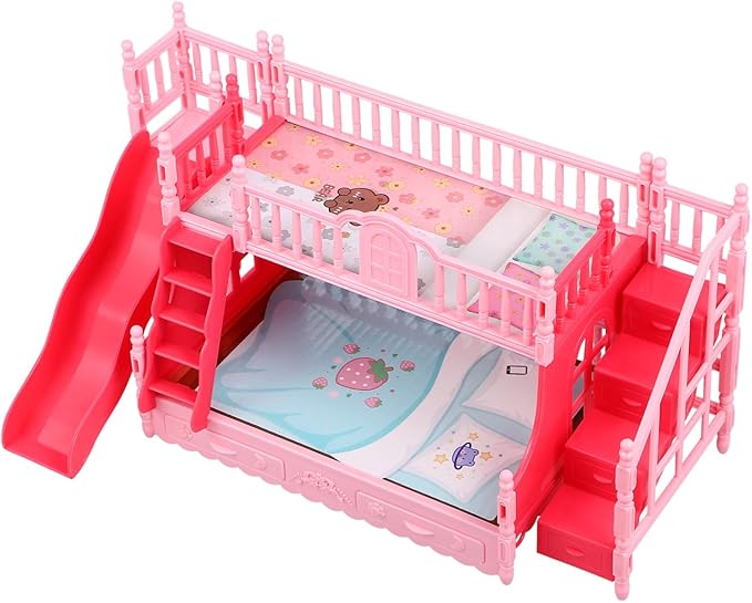 NOLITOY Miniature Bunk Bed with Slide for 6 Inch Dolls - Pink Double Deck Plastic Dollhouse Furniture Playset with Ladder & Bedding Accessories - Fits Small Dolls Figures