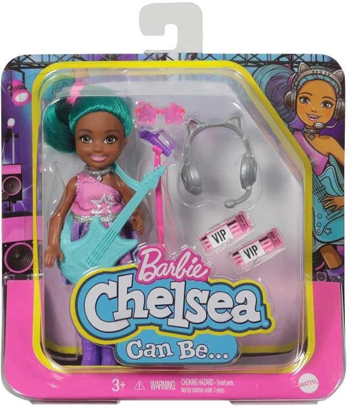 Barbie Chelsea Can Be Playset with Brunette Chelsea Rockstar Doll (6-in), Guitar, Microphone, Headphones, 2 VIP Tickets, Star-Shaped Glasses, Great Gift for Ages 3 Years Old & Up