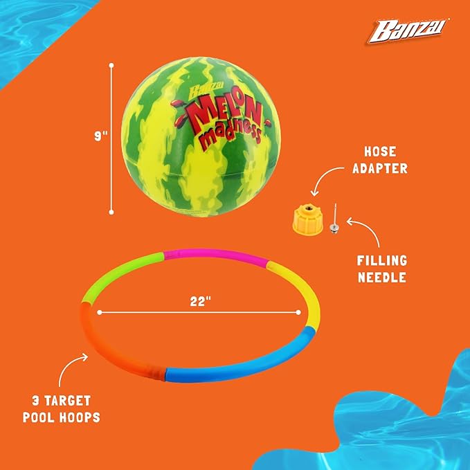 Banzai Melon Madness Pool Challenge Underwater Ball Set with 3 Target Hoops