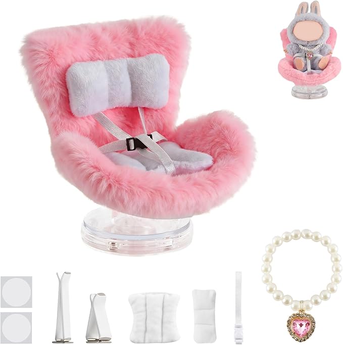 Cute Doll Car Seat for Labubu, Premium Car Seat Accessories for 4-7in Dolls, Including Air Vent Clip, Desktop Stand, Adjustable Strap, Airflow-Friendly Design(Pink)