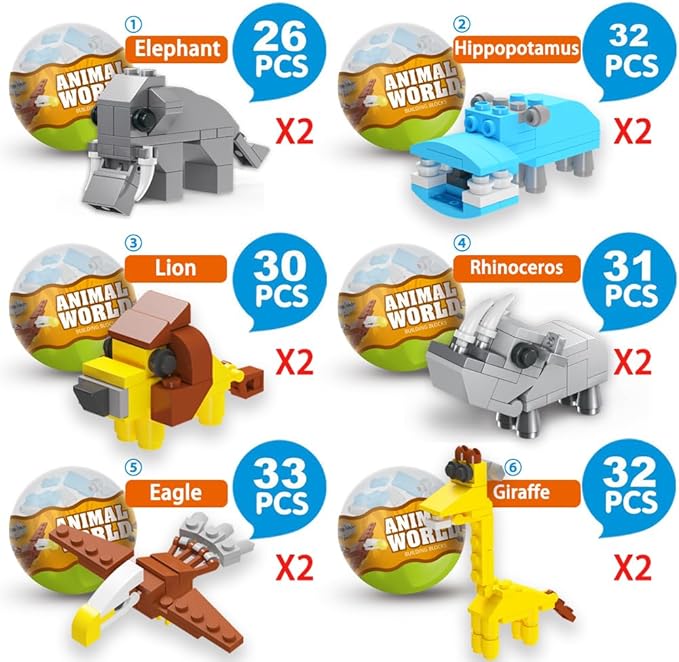 UMEELR 12 Pcs Prefilled Eggs with Zoo Animal, Easter Surprise Building Blocks Toys for Kids Party Favors, Basket Stuffers, Basket Filler, Gifts, Egg Prizes