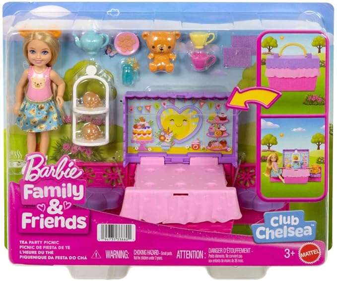 Barbie Family & Friends Club Chelsea Pop-Up Tea Party Playset with Blonde Small Doll, Transforming Picnic Basket & 10+ Accessories