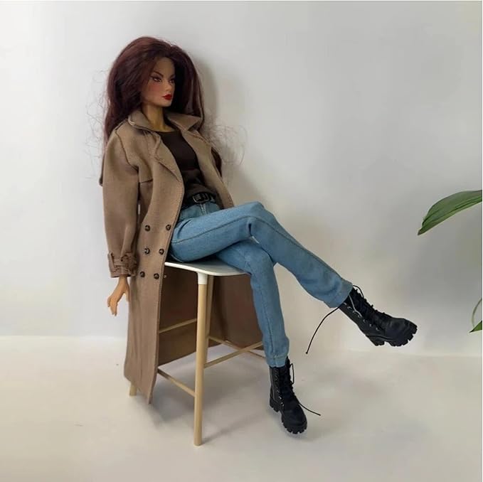 Classic Trench Coat Outfit Set for 11.5-12 Inch Fashion Dolls, Khaki Double-Breasted Coat with Belt, Quilted Handbag, Black Lace-Up Ankle Boots, 1/6 Scale Doll Accessories Miniature Couture