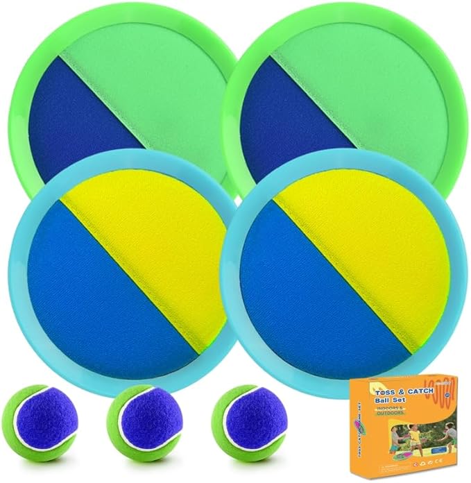 Outdoor Games - Beach Toys, Toss and Ball Set with 4 Paddles and 3 Balls, Perfect Yard Games Sets, Playground Sets for Backyards Easter Basket Stuffers for Kids (Green)
