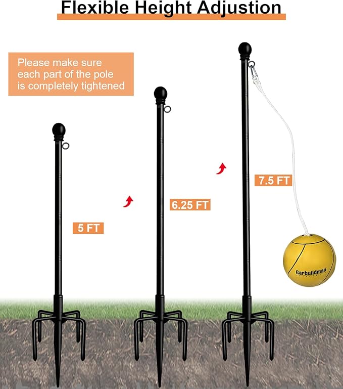 Garbuildman Tetherball Set with Ball & Rope for Outdoor Backyard, Adjustable Tether Ball Pole with Reinforced 5-Prong Base for Playground, Outside Ball Games Sports for Kids & Adults, Black