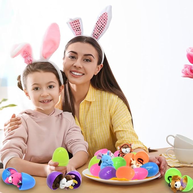 UMEELR 24 PCS Easter Eggs with Animal Plush Keychains, Empty Fillable Eggs for Easter Egg Hunt Party Favors Classroom Rewards, Gifts - Assorted Colors & Cute Animal Designs