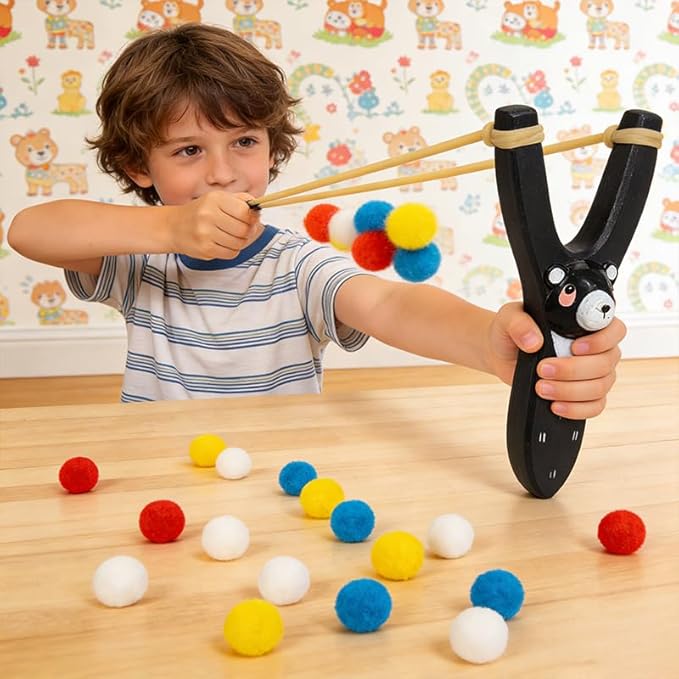 LINJAY Handmade Solid Wood Slingshot with Custom Engraving, Includes Clay Balls & Pompoms - Target Shooting & Outdoor Activity Toy for Kids & Adults, Ideal Children's Gift