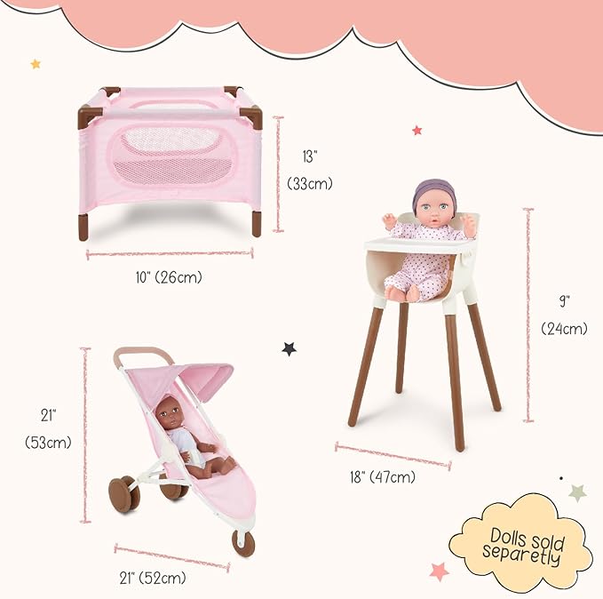LullaBaby – 14-Inch Realistic Baby Doll Accessory Bundle – Nursery Care Set – High Chair, Playpen & Jogger Stroller – Pretend Play Toys – Kids 2+ Years– Baby Doll Nursery Playset