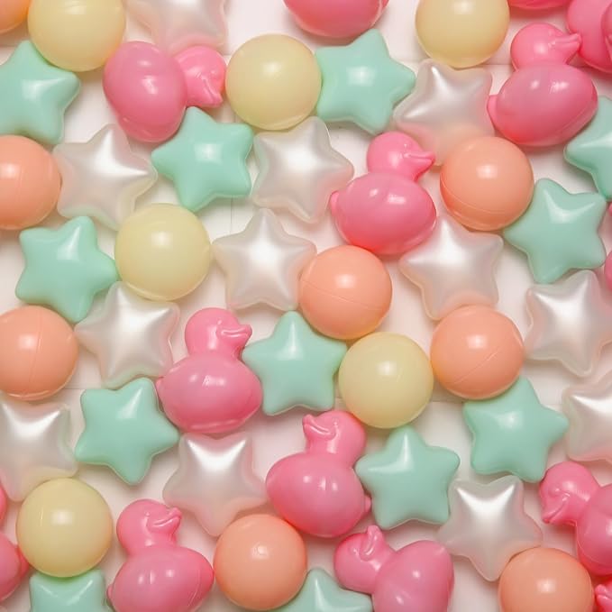 TRENDPLAY Ball Pit Balls Shapes Pastel, Duck Star Shape Non Toxic for Toddlers Kids Baby Girls Boys Dogs Soft Play,Party, 50 100 200