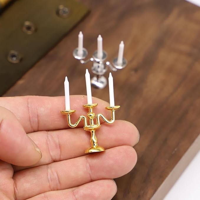 Dollhouse Candlesticks, Miniature Metal Candelabra, 1:12 Dining Candle Holder with 3 Candles, for Dollhouse Miniature Kitchen, Fairy Garden, Diorama (1PCS) (Silver)