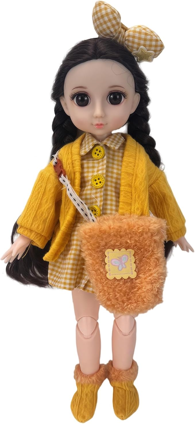 30cm YoSD 1/6 BJD Doll Clothes Set - Yellow Plaid Dress, Knit Cardigan, Bow Headband, Fuzzy Bag & Socks, Doll Accessories