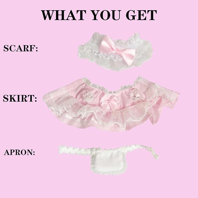 Pink Maid Outfit for 17cm Dolls - 3-Piece Lace Dress Set with Apron & Bonnet Headpiece, Kawaii Lolita Costume Compatible with Vinyl Face Pendant (No Doll) Style H
