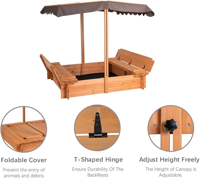 BIRASIL Wood Sandbox with Cover, Sand Box with 2 Bench Seats for Aged 3-8 Years Old, Sand Box for Backyard Garden, Beach Patio Outdoor (Natural Wood, 48 Inch)