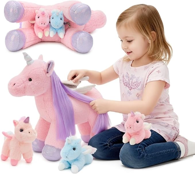 Tezituor Pink Unicorn Stuffed Animal with Hair & Wings,Unicorn Plush Toys for Girls Kids with 3 Babies Inside, Unicorns Plushie,Rainbow Unicorn Stuffy for Birthday, Easter, Valentines Day Gifts