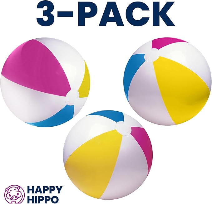 Happy Hippo 22" Beach Ball (Pack of 3), Inflatable Beach Balls, Swimming Pool Toys, Classic, Pastel
