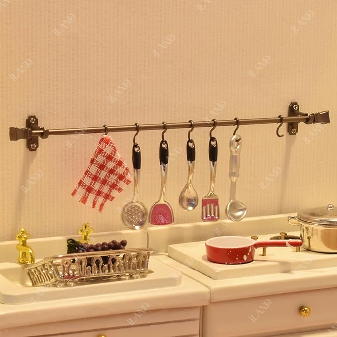 iLAND Dollhouse Accessories on 1/12 Scale, Dollhouse Decor of Mini Curtain Rods, Dollhouse Kitchen Hangers (Classical Black)
