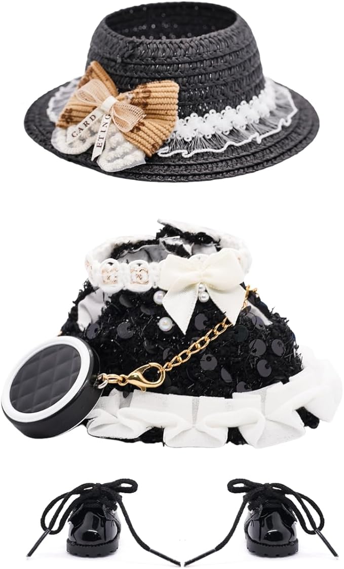 Clothes for 17cm Dolls, Luxury Chic Sequin Bow Decorations Style 4 Piece Set Including Princess Dress, Hat, Shoes and Bag High-End Outfit - Premium Handmade Accessories for Play & Display - Black