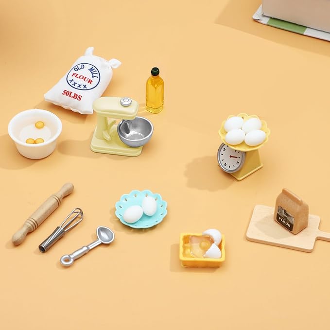 ONEST 26 Pieces Miniature Dollhouse Accessories Mini Stuff with Stand Mixer Kitchen Scale Flour Rolling Pin and Others for Dollhouse Kitchen Toys