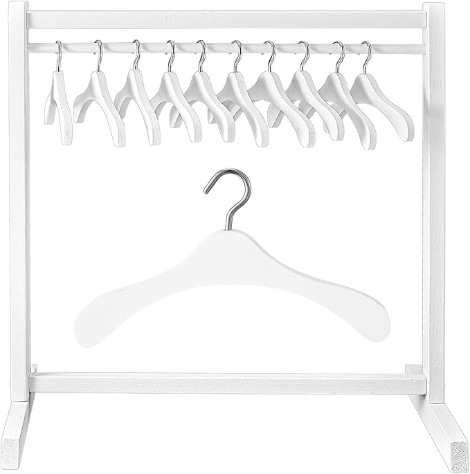 Civaner 22 Pcs Doll Garment Rack with Wooden Clothes Hanger for 18 Inch Girl Doll Clothes Mini Hangers Wardrobe Furniture Accessories for Dollhouse Baby Shower Supplies (White)