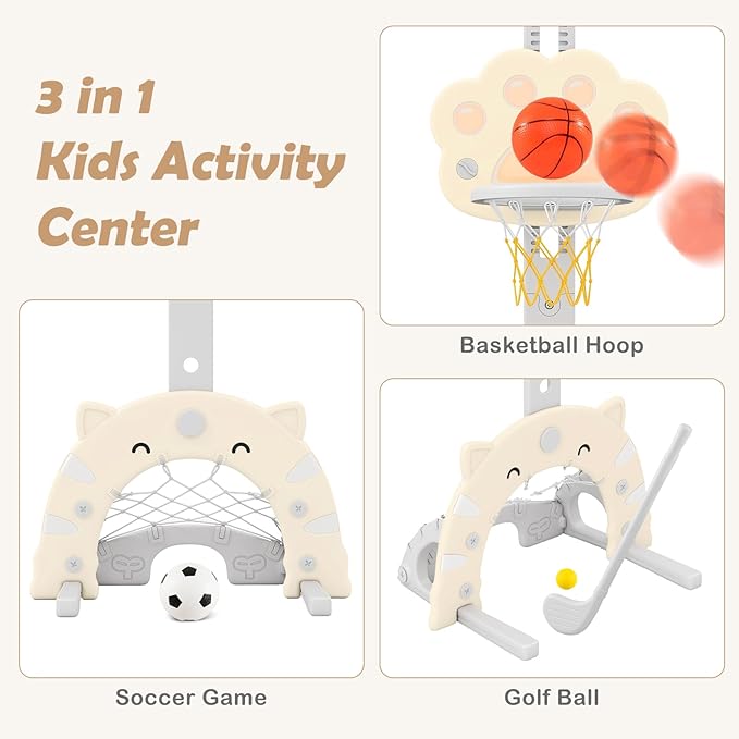 OLAKIDS Toddler Basketball Hoop, 3 in 1 Height Adjustable Kids Sports Activity Center Indoor Outdoor with Soccer Goal Golf Ball and Club, Baby Toy Game Play Set Gifts for Boys Girls