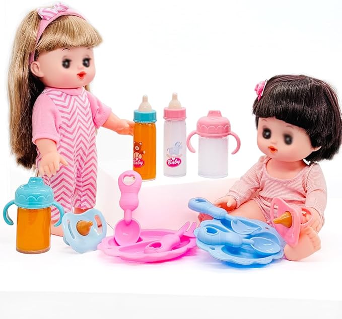Baby Doll Accessories Magic Bottle set Magic Disappearing Milk Juice Bottles Sippy Cups with Pacifiers Bowl Spoons, Doll Bottle Toys Feeding Pretend Playset for Kids Girls Ages 3+ (Small set(10pcs))