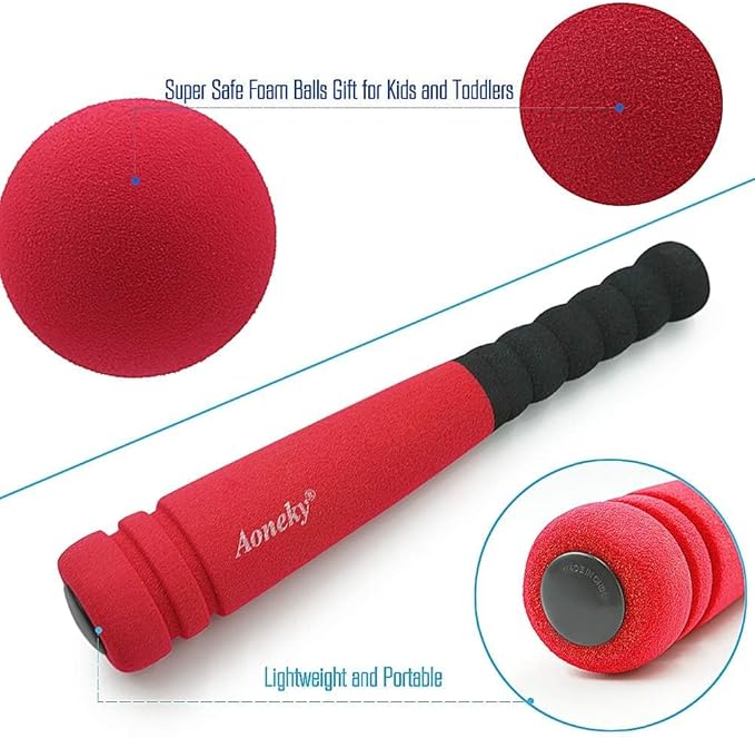 Aoneky 11.8 Inch Mini Foam Baseball Bat and Ball Set for Toddlers 1-3 Years, Soft & Safe First Bat, Lightweight T-Ball Bat for Boys Girls, Indoor Outdoor Sports Toy (Red)