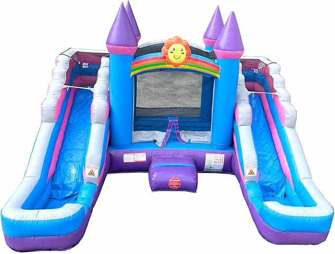 Crossover Purple Castle Double Water Slide Bounce House Combo, 16.5 x 15 x 11 Foot, PVC Vinyl Inflatable Bouncy House for Kids, Wet or Dry Slides, with Stakes and Storage Bag, Blower not Included