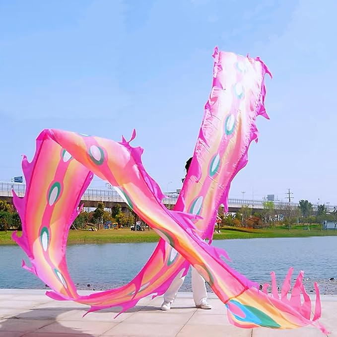 Square Exercise Dance Outdoor Flinging Fitness Dragon POI Wu Long 3D Real-Like Dragon Ribbon Streamer Set (19.6ft, Pink Phoenix)