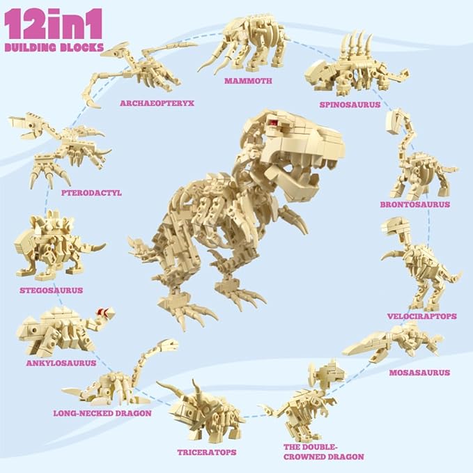 UMEELR 12Pcs Pre Filled Easter Eggs Dinosaur Skeleton Building Blocks, 12 in 1 Easter Eggs for Kids Easter Egg Hunt, Easter Basket Stuffers Filler, Easter Party Favor Supplies