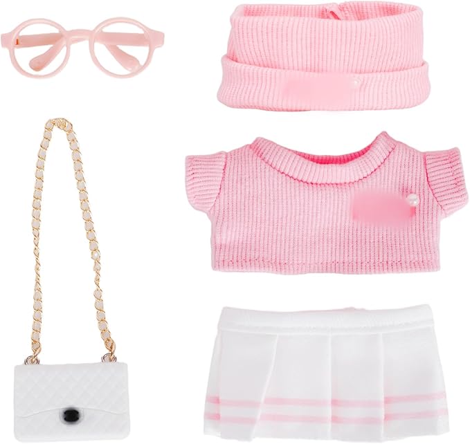 Doll Clothing Set (No Doll), Cute Cropped Straw Hat, Crossbody Bag, Dress, Suitable for 15-17cm Dolls, Outfit Accessory Set for Unique Styling (Pink-5PCS)