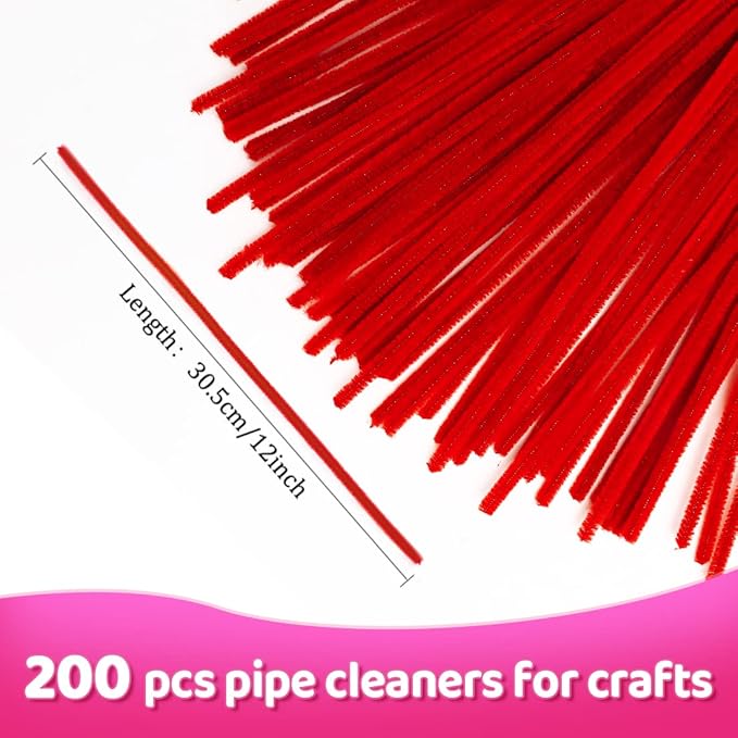 Praisebank Red Pipe Cleaners for Crafts, 200pcs, Chenille Stems for DIY Projecets, Arts & Crafts Supplies for Festival Party Decorations