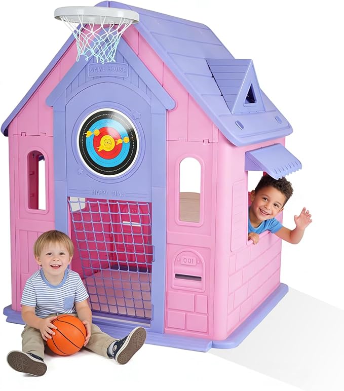 Kids Playhouse Cottage – 4-in-1 Activity Center with Magnetic Dartboard, Basketball Hoop, Soccer Goal & Ring Toss – Spacious Indoor/Outdoor Game House for Toddlers