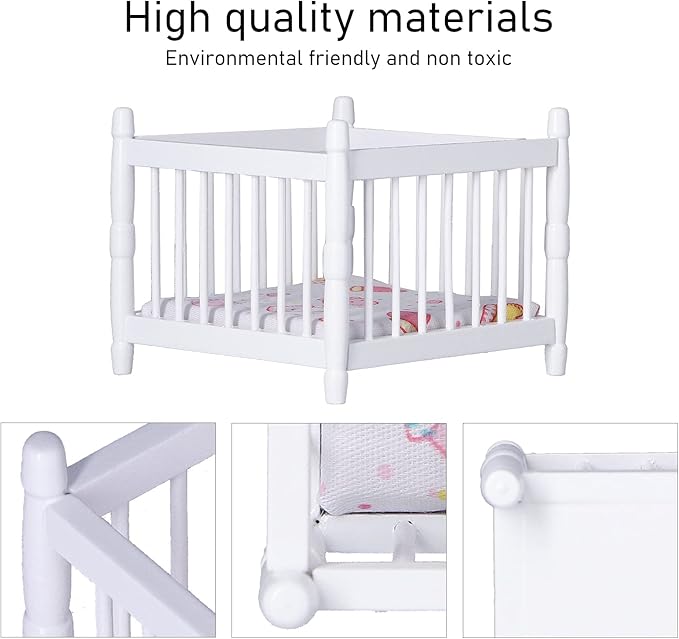 1:12 Scale Wooden Doll House Baby Bed DIY Miniature Doll House Mini Furniture Accessories with Mattress Square Bed White Children's Day Gift