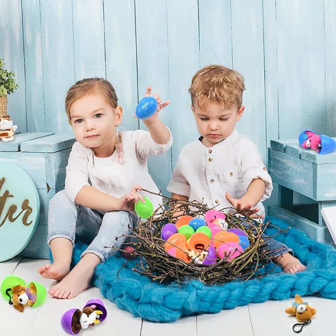 UMEELR 24 PCS Easter Eggs with Animal Plush Keychains, Empty Fillable Eggs for Easter Egg Hunt Party Favors Classroom Rewards, Gifts - Assorted Colors & Cute Animal Designs