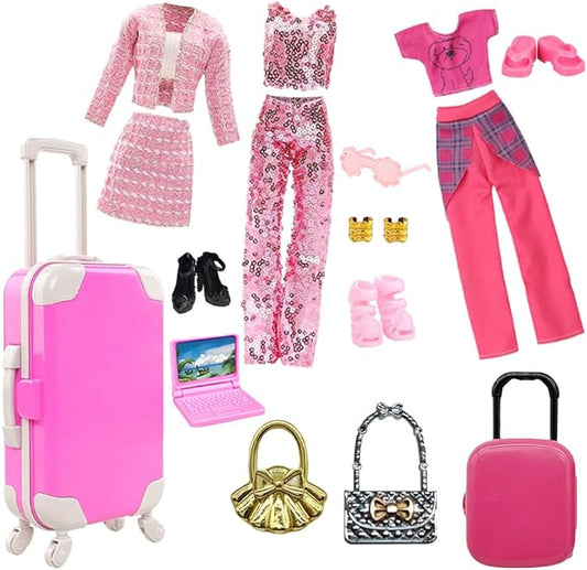 13 Pcs 11.5" Doll Travel Gear Set - Suitcase Luggage , Clothes, Laptop, Bag, Glasses, Bracelets, Shoes - Christmas & Birthday Gift(No Doll)