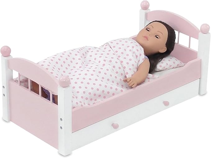 Emily Rose 18" Doll Pink Trundle Bed with Pull-Out Storage Drawer & 3-PC Bedding Set - Stackable Design - Fits American Girl Dolls - Wooden Bedroom Furniture