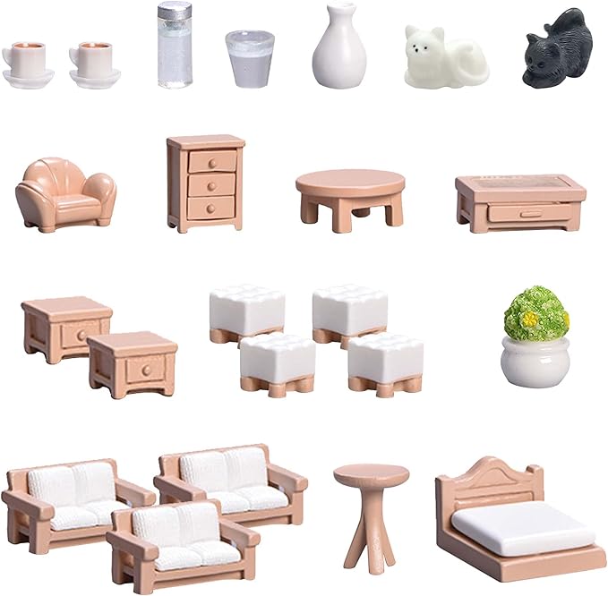 23 Pieces Dollhouse Mini Furniture Decoration Set DIY Accessories Including Dining Room Sitting Living Bedroom Toys for Baby Children Girls