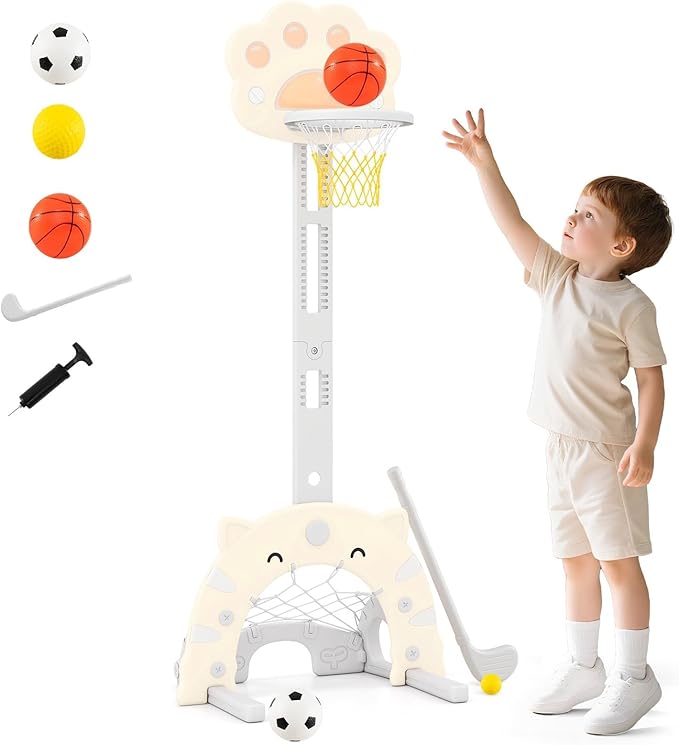 OLAKIDS Toddler Basketball Hoop, 3 in 1 Height Adjustable Kids Sports Activity Center Indoor Outdoor with Soccer Goal Golf Ball and Club, Baby Toy Game Play Set Gifts for Boys Girls