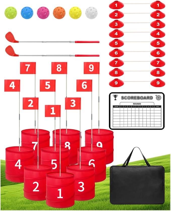 Backyard Golf Game Set with 2 Pack 36” Stainless Steel Shaft for Play Golf, Balls & Flags Portable Outdoor Chipping Practice Game for Family, Yard Golf Set for Lawn, Park,Camping (9pcsHoles)
