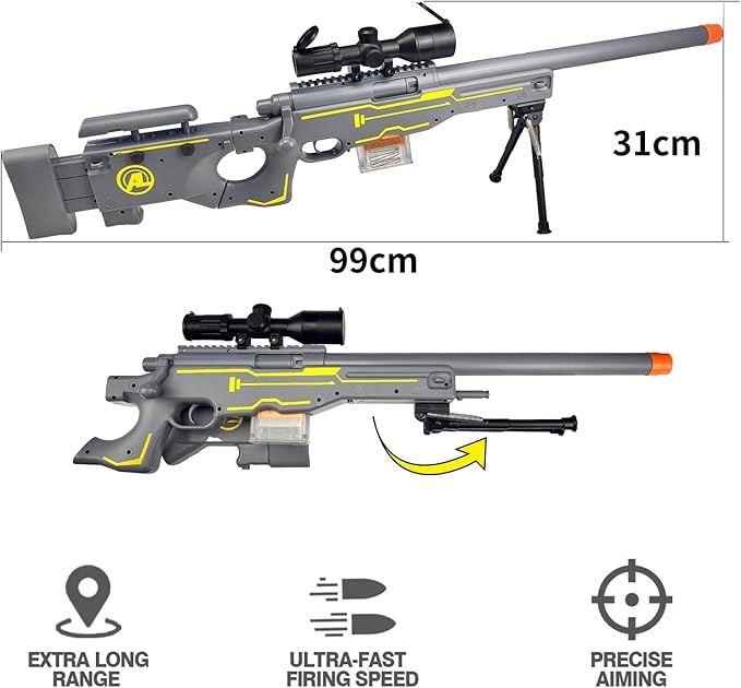 AGM MASTECH AWM Foam Dart Blaster, Shell Ejecting Model with Scope, Metal Components, Foldable Stock, 40 Darts, 20 Shells. Tactical CS Game Prop for Teens 14+ and Adults (Gold)