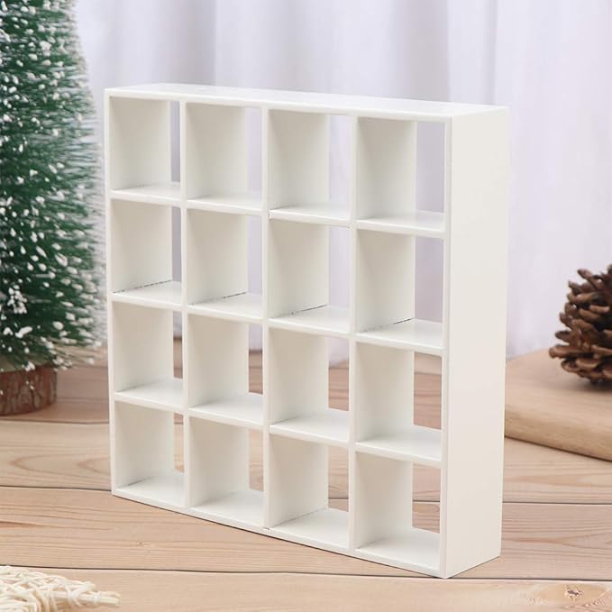 1:12 Scale Dollhouse Miniature White Wooden 16 Grid Storage Rack Shelf Exquisite Doll House Furniture Decor Organizer for Mini Figurines Cosmetics Sundries DIY Scene Layout