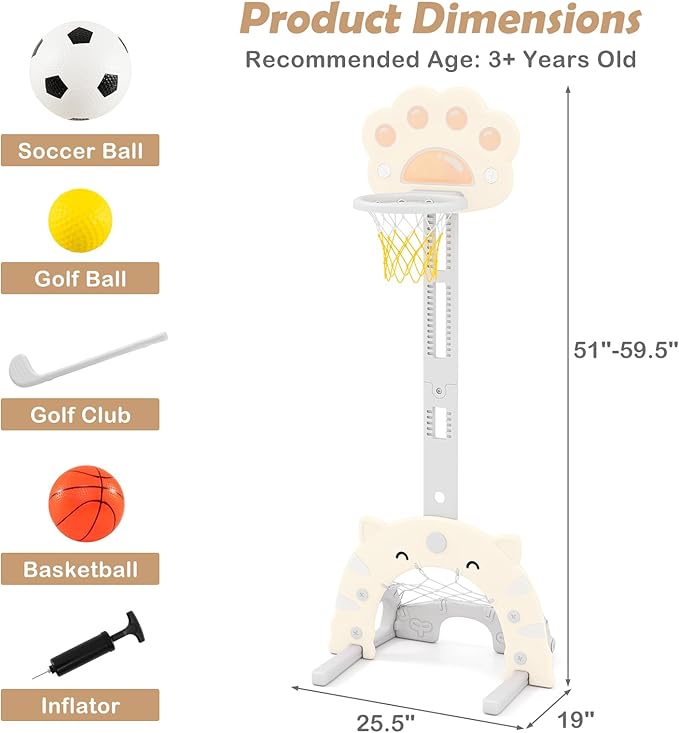 OLAKIDS Toddler Basketball Hoop, 3 in 1 Height Adjustable Kids Sports Activity Center Indoor Outdoor with Soccer Goal Golf Ball and Club, Baby Toy Game Play Set Gifts for Boys Girls