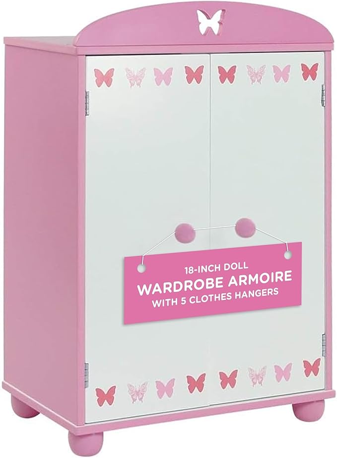 Emily Rose 18 Inch Doll Closed Door Clothes and Accessories Closet – Butterfly Furniture Collection – Fits 18” Dolls Like American Girl Our Generation Adora My Life As – Includes 5 Hangers – USA Brand
