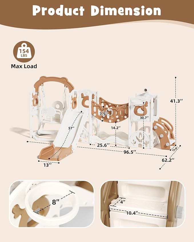 XJD 12-in-1 Toddler Slide and Swing Set, Kids Slide for Toddlers Age 1+, Toddler Outdoor Playset New Upgrade with Golf Set, Basketball Hoop, Drawing Board for Playground (Brown)