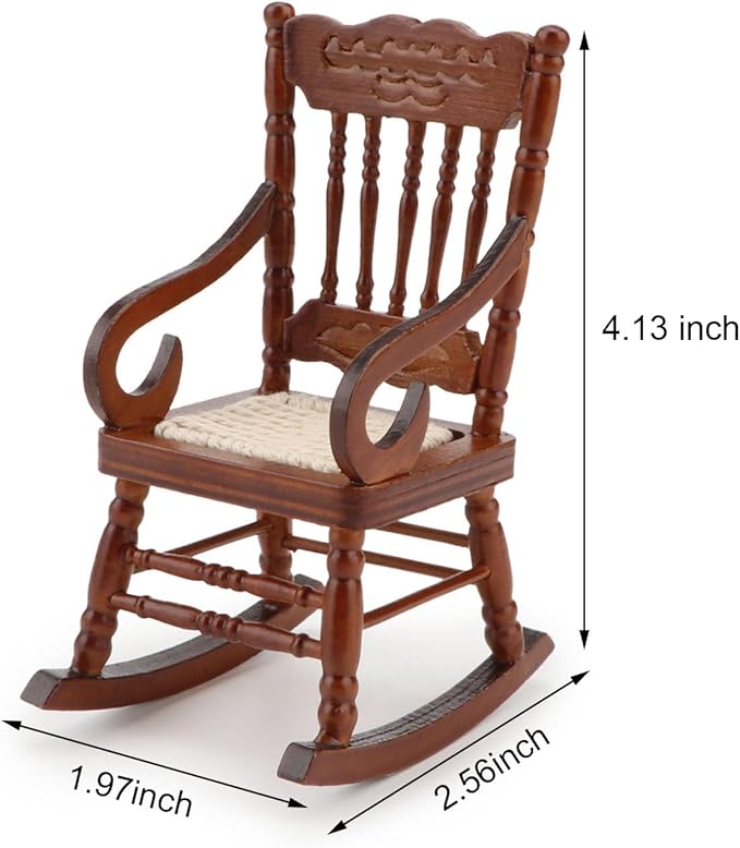 Dollhouse Miniature Rocking Chair 1:12 Scale Wooden Furniture Accessories Tiny Mini House Home Outdoor Decoration Model Living Room Scene Christmas Craft Displays (Brown)