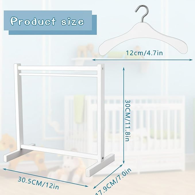 Civaner 22 Pcs Doll Garment Rack with Wooden Clothes Hanger for 18 Inch Girl Doll Clothes Mini Hangers Wardrobe Furniture Accessories for Dollhouse Baby Shower Supplies (White)