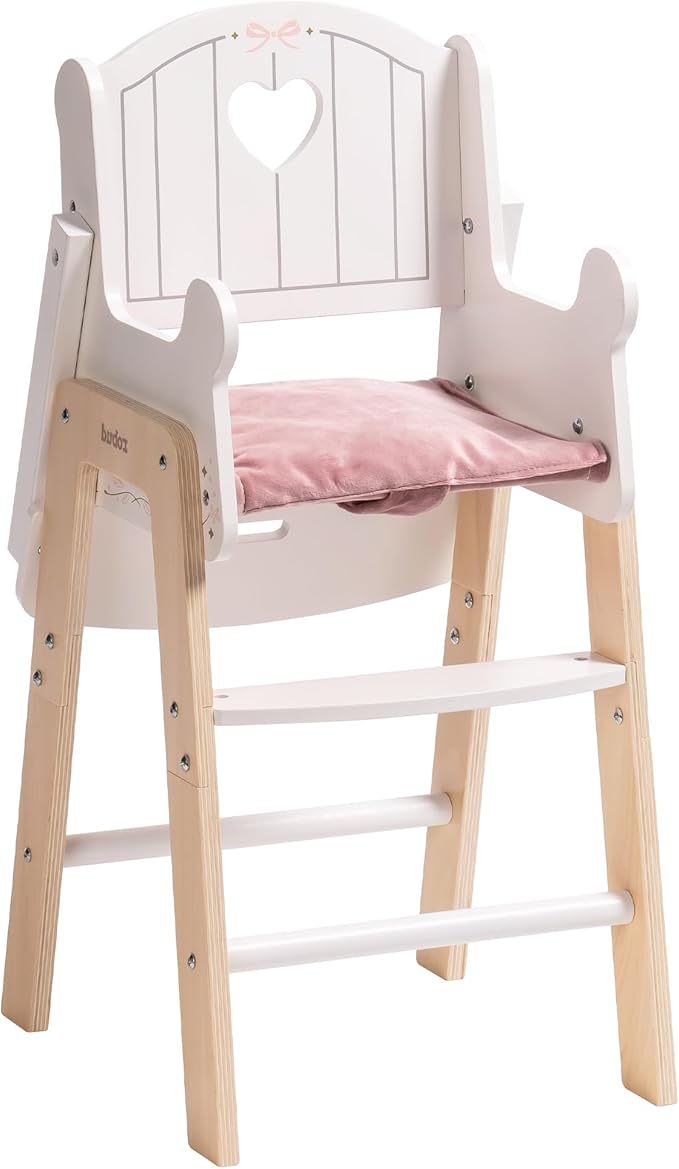 ROBUD Play High Chair, Pretend Play High Chair with Cushion, Movable Table, Wooden Baby Doll Accessories, Fits 18-20 Inch Dolls, White