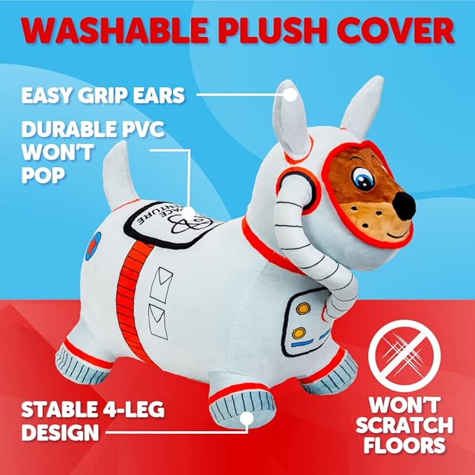 WADDLE Bouncy Hopper Inflatable Animal Hopping Plush, Indoor and Outdoor Toy for Toddlers and Kids, Pump Included, Boys and Girls Ages 2 Years and Up (Space Dog)