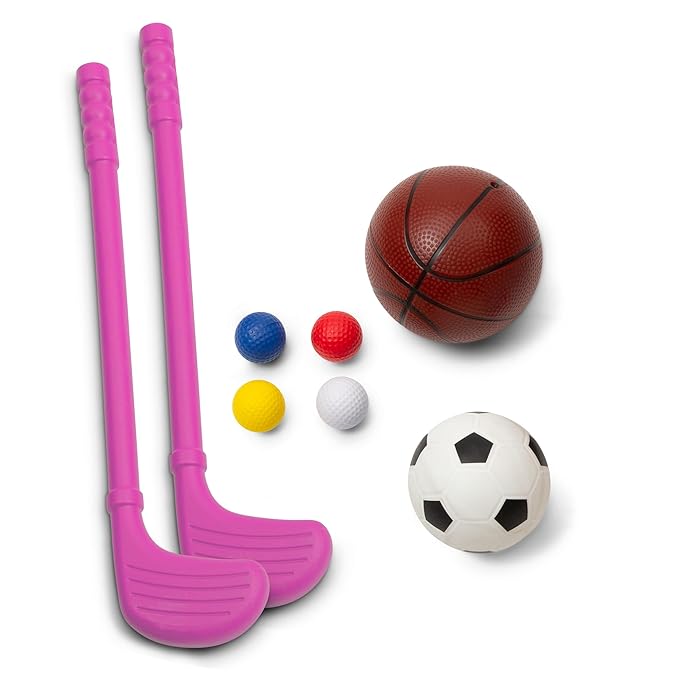 Delta Children Disney Minnie Mouse 4-in-1 Sports Center – Adjustable Easy Score Basketball Hoop, Soccer/Hockey Net and Golf Game, 4 Golf/Hockey Balls, Pink